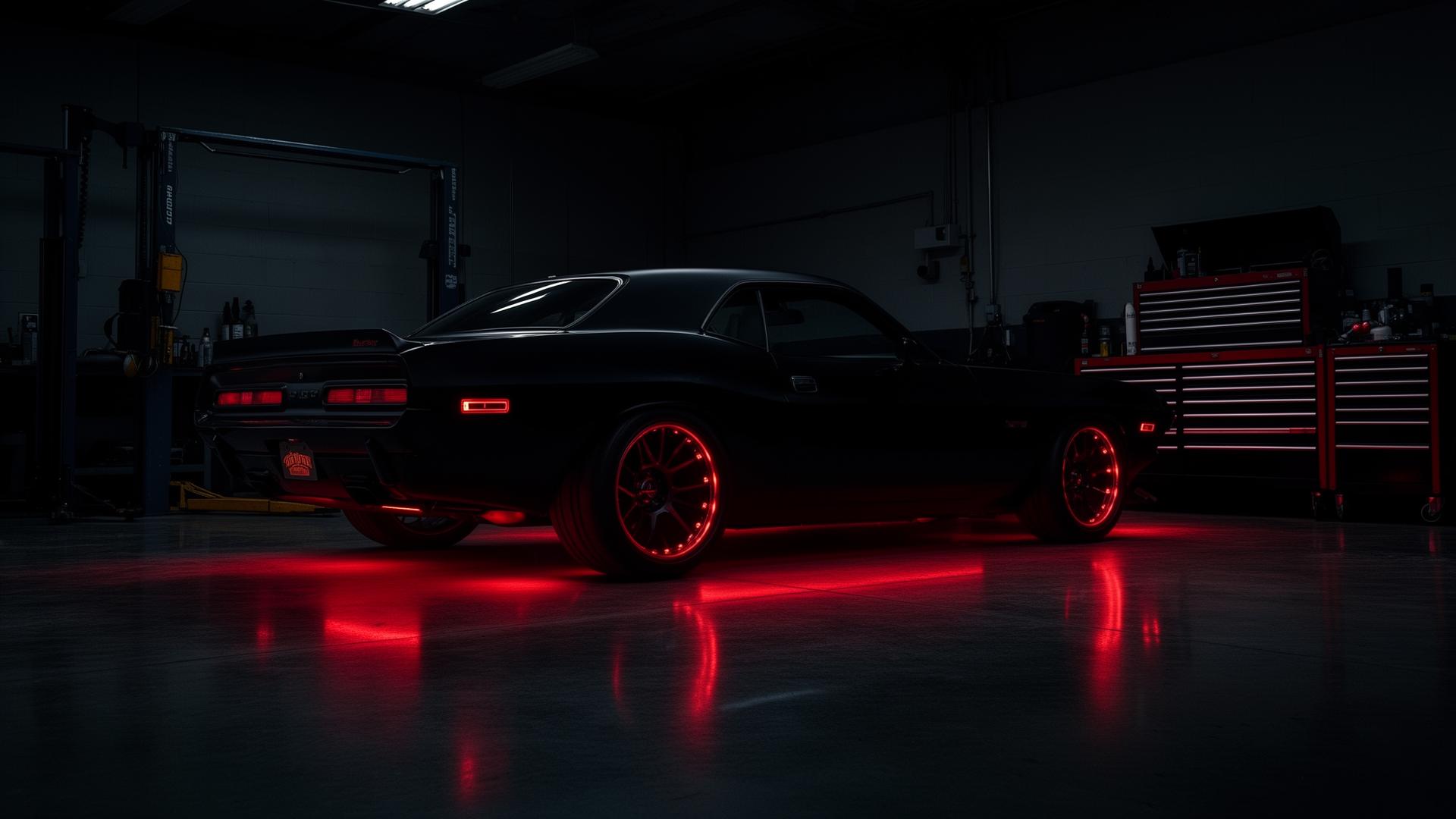 Dark performance garage with muscle car under red rim lighting